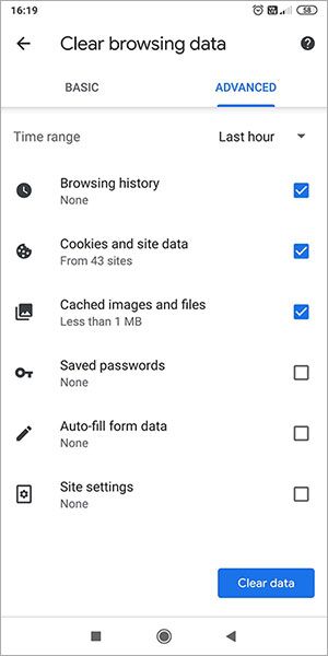 Chrome Android Clear cache
