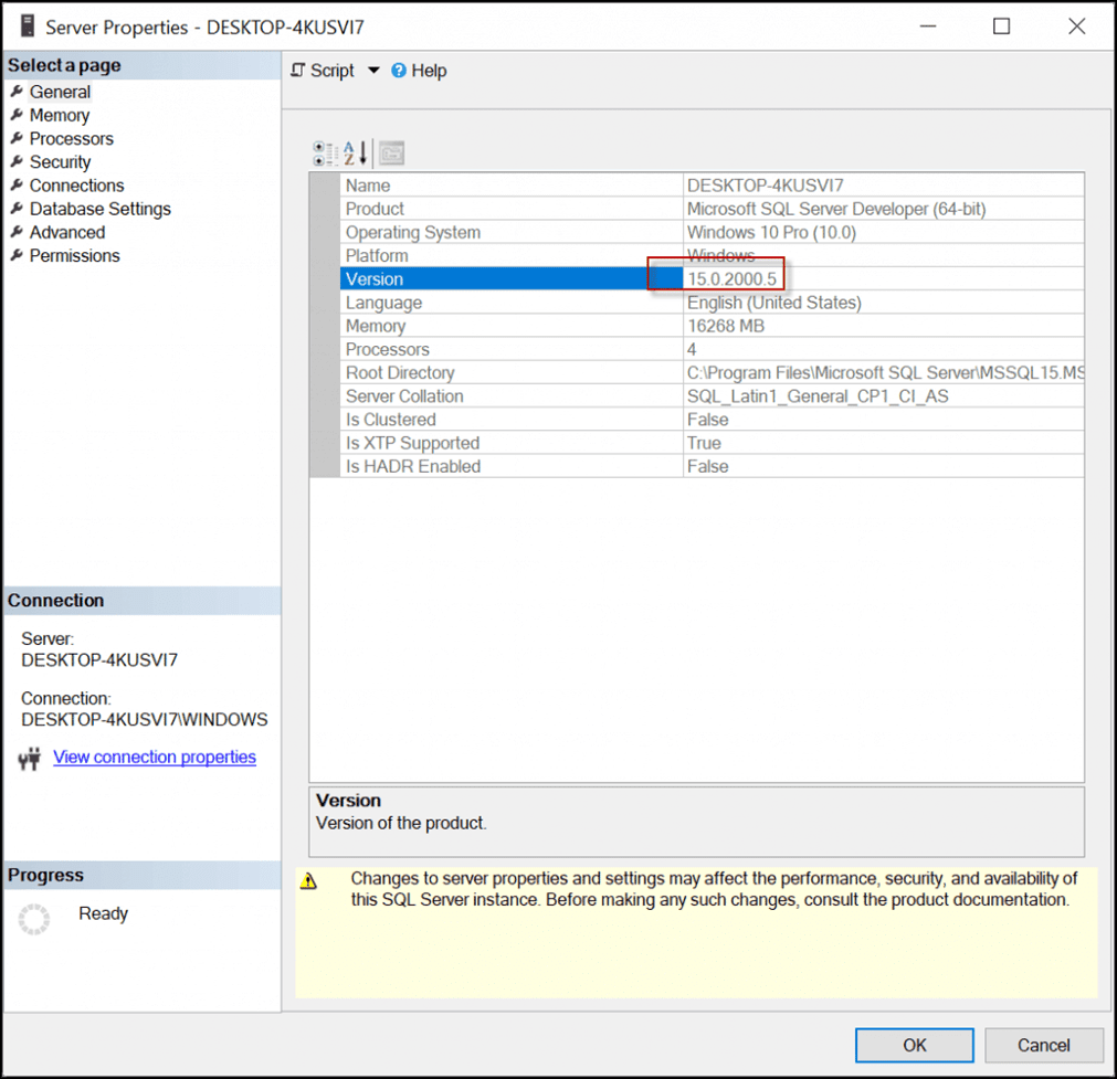 SQL server versions on server properties