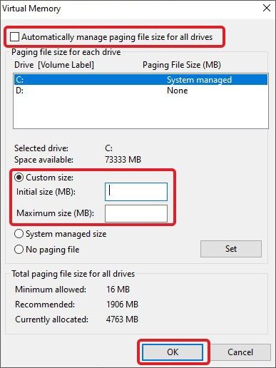 select custom virtual memory settings to fix hardware reserved memory too high