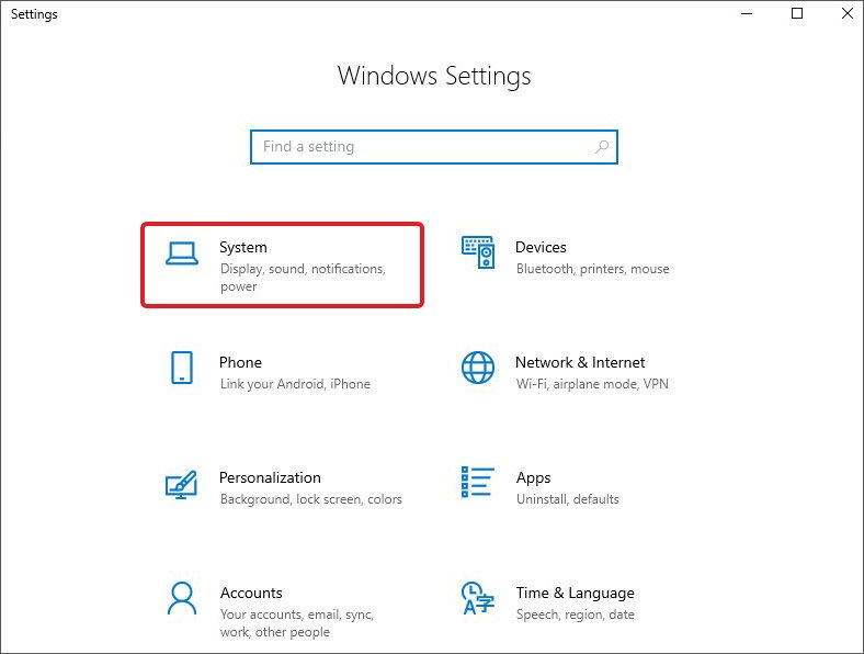 click on system setting in Windows settings app