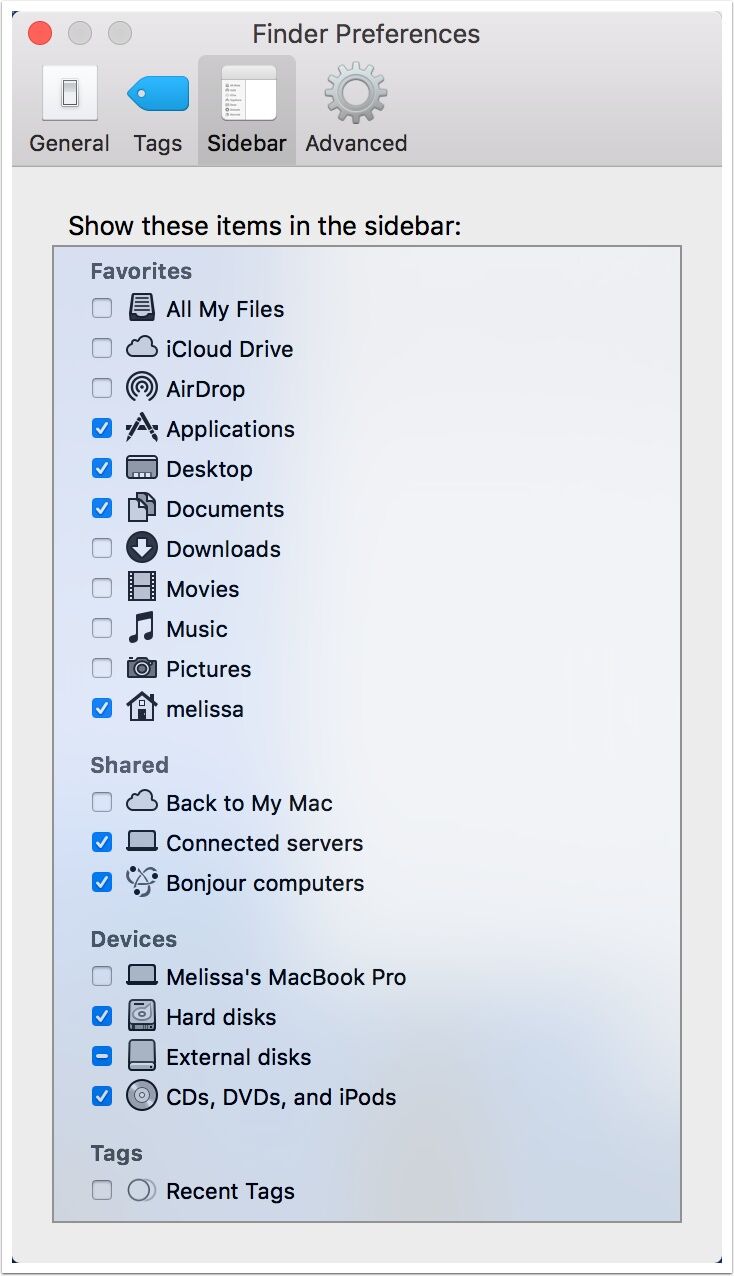 Sidebar in Finder Preferences on Mac